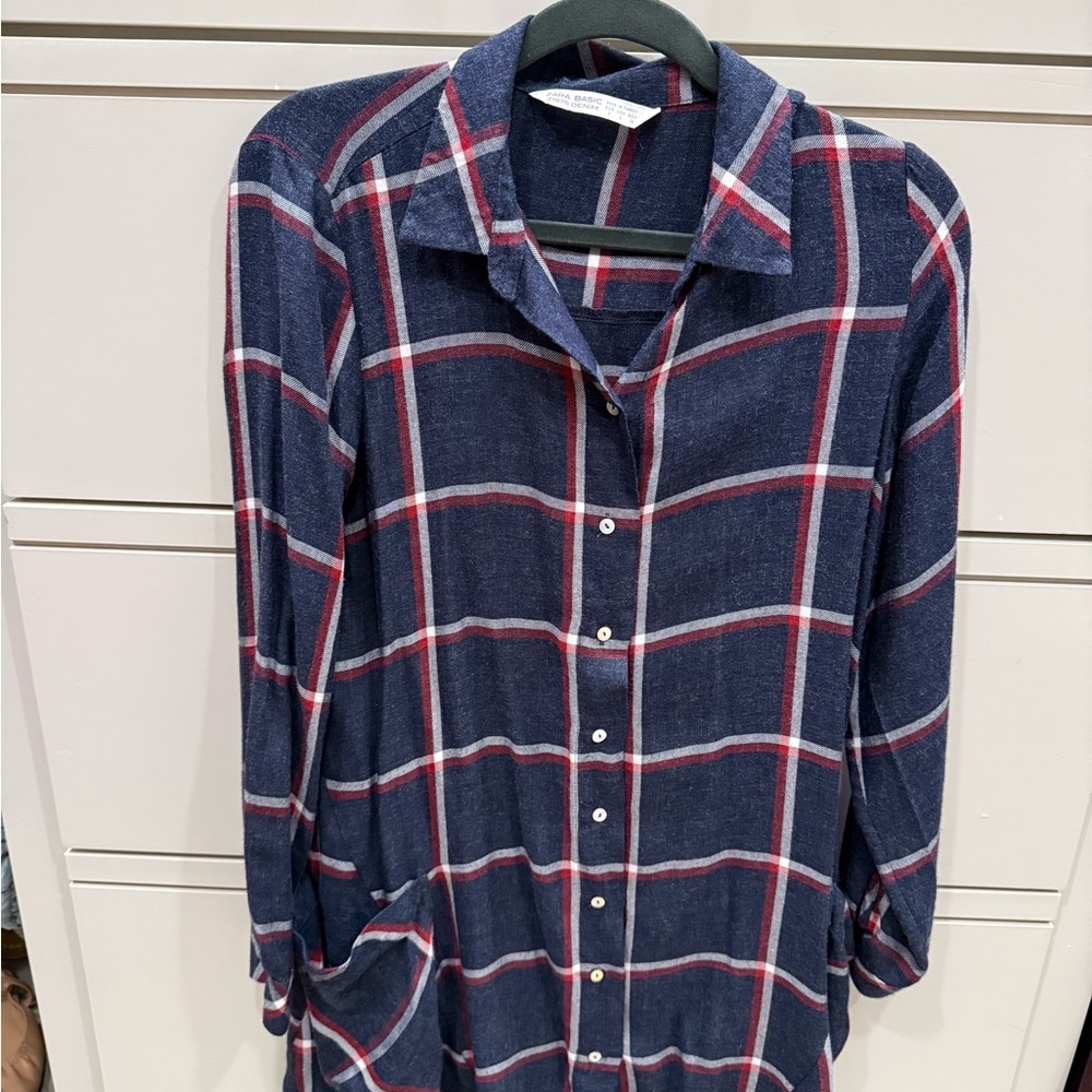 Zara Blue Plaid Shirt Dress